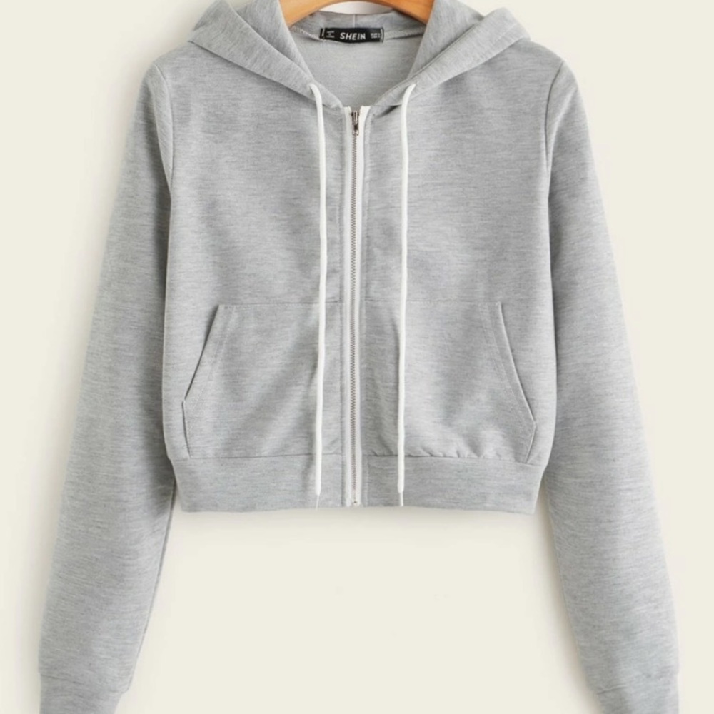 SHEIN Heathered Knit Zip-Up Drawstring Crop Hoodie